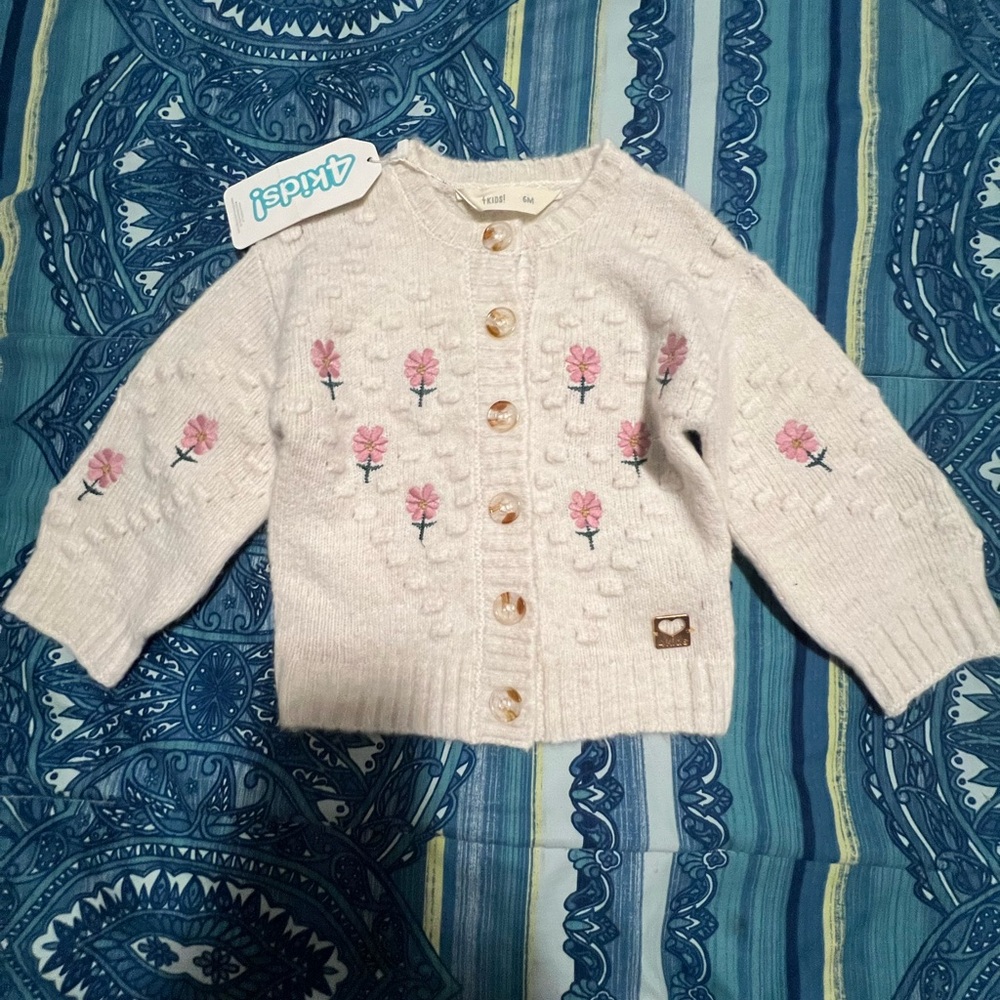 Kids Cream Button Down Cardigan with Pink Floral Design